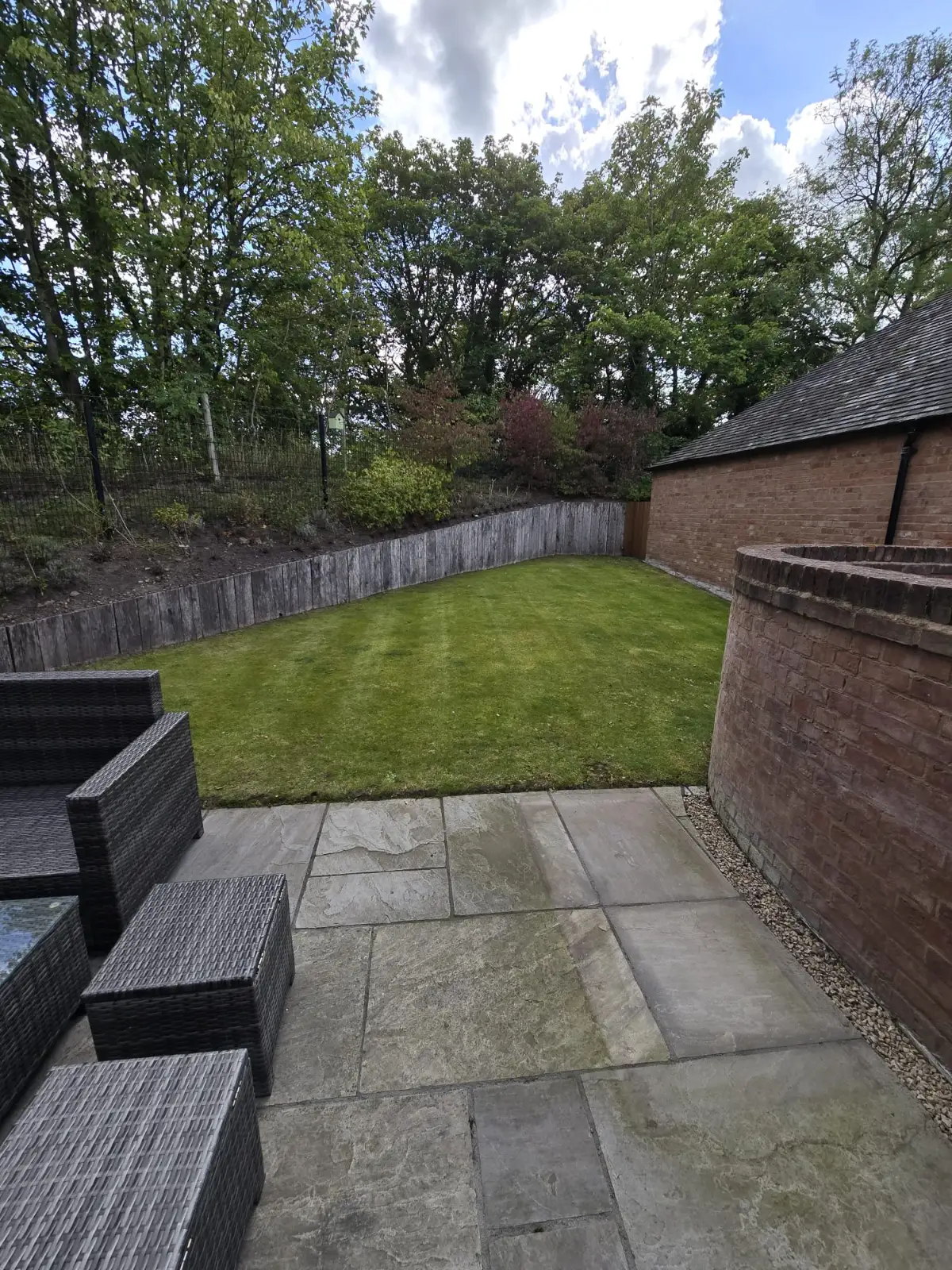 Professional garden maintenance with trimmed hedges and neat borders